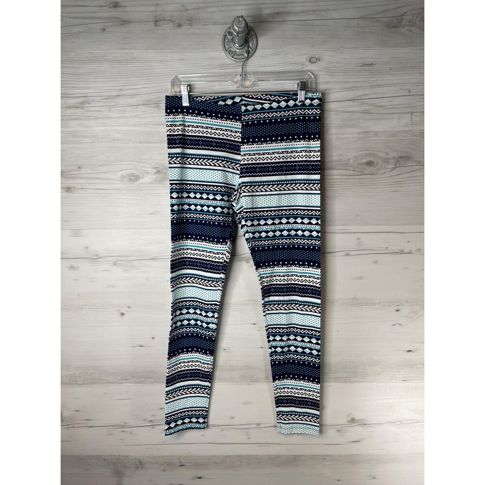 Arizona Jean Co Leggings Womens Large Blue White Fair Isle Pattern Stretch Teal